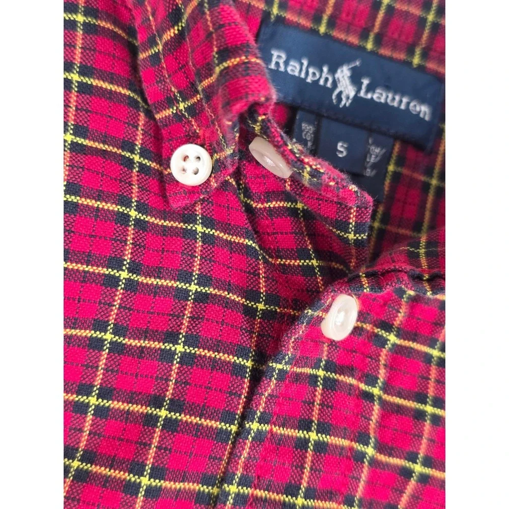Polo Ralph Lauren Boys Size 5 Red Black Tartan Plaid Button Down Shirt Cotton
